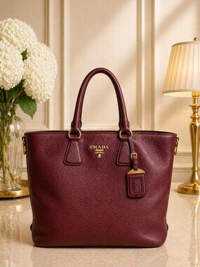 Authentic Prada Vitello Daino Leather Tote Burgundy Large Shoulder Bag